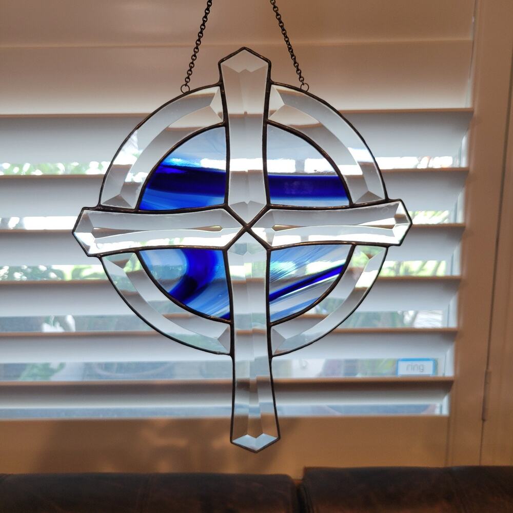 Stained Glass Celtic Cross Suncatcher Beveled Blue Art Glass Hanging 11.5"